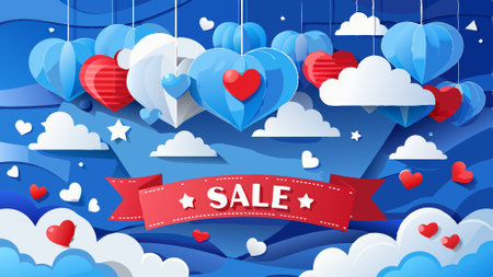 Poster or banner with blue sky and paper cut clouds. Place for text. Happy Valentine's day sale header or voucher template with hanging hearts. AI generated. Vector iconのイラスト素材