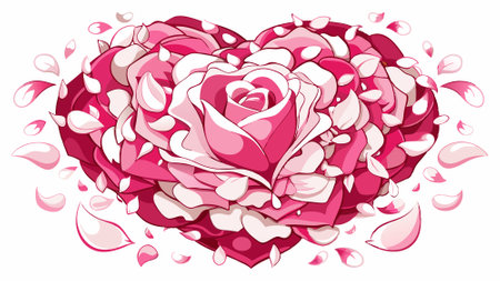 Pink and white rose petals forming a heart on white background. AI generated. Vector iconのイラスト素材