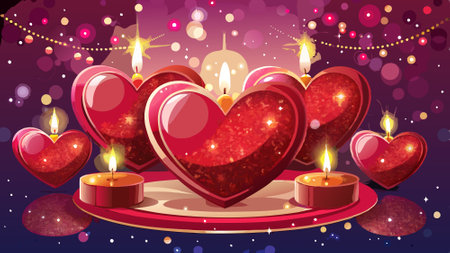 Sparkling Glittering Hearts and Candles Bokeh Shiny Background Valentine Day Card.. AI generated. Vector iconのイラスト素材