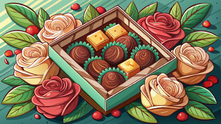 Top-down view of chocolate box slightly to reveal the treats inside surrounded by delicate roses. significant blank space for ad. . AI generated. Vector iconのイラスト素材