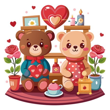 Two cute teddy bears sit on a shelf with red roses and vintage items in a romantic Valentine's Day scene.. AI generated. Vector iconのイラスト素材