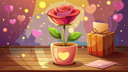 Single rose flower in a pink ceramic vase and a valentine's greeting card on a wooden table. Glittering golden bokeh light. . AI generated. Vector iconのイラスト素材
