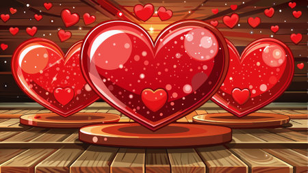 Sparkling red hearts on rustic wooden table. romantic setting. Valentine's Day inspiration. AI generated. Vector iconのイラスト素材