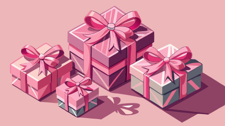 Top view photo of pink gift boxes with pink bow on isolated pastel pink background with copy space. . AI generated. Vector iconのイラスト素材