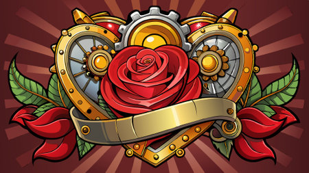 Steampunk Heart Surprise with an Elegant Red Rose from within Symbolizing Love Art Illustration Graphic Banner- . AI generated. Vector iconのイラスト素材