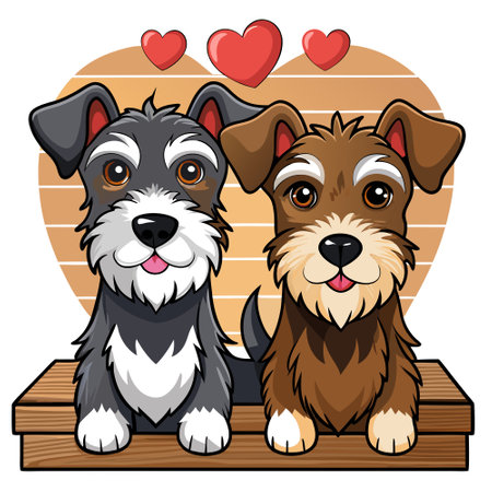 Two dogs of the Terrier breed on a wooden background with icons in the form of hearts. Free space for text. AI generated. Vector iconのイラスト素材