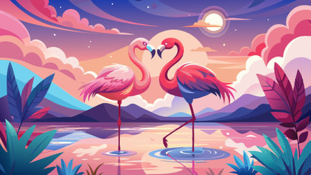 Two pink flamingo birds in love. standing in still water with reflection. sky in the background. Beautiful valentine natural wallpaper. AI generated. Vector iconのイラスト素材