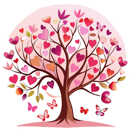 Valentine day background of a stylized tree with leafs like butterflies and some big chubby pink hearts with a soft pastel pink gradient. AI generated. Vector iconのイラスト素材