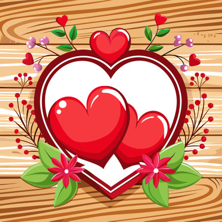 Valentines day decor. valentines day theme with two red hearts on wooden backdrop and space for text. AI generated. Vector iconのイラスト素材