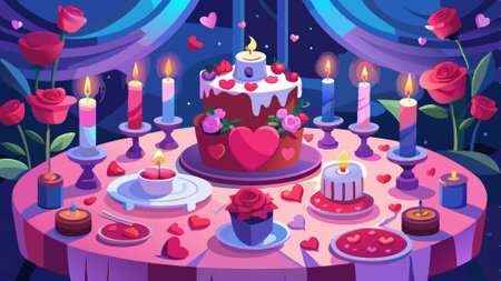 Vector design of a Valentine Day celebration table. with glowing candles. rose petals. and a...