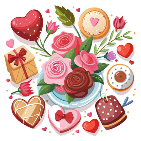 Valentine's Day decorated flatlay background for text with rose flowers. cookies. and candy. AI generated. Vector iconのイラスト素材
