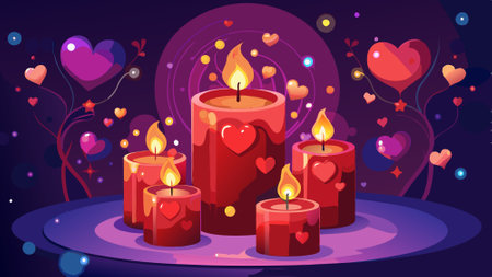 Valentines red candles with bokeh on dark background created with technology. AI generated. Vector iconのイラスト素材