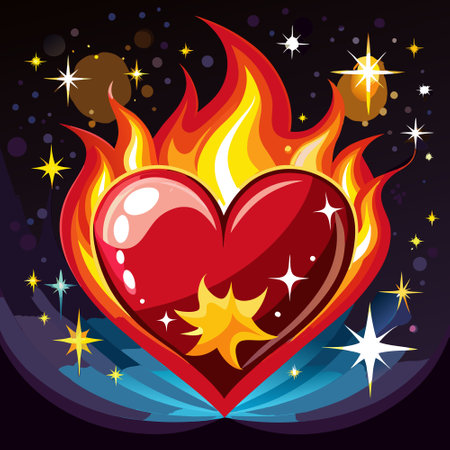 Valentine heart background with stars red fire heart in the dark. AI generated. Vector iconのイラスト素材
