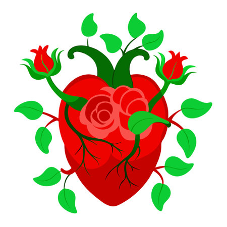 A red human heart entwined with red roses and green leaves. with red veins running along the heart.. AI generated. Vector iconのイラスト素材