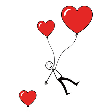 A stick figure leaps between heart-shaped balloons floating in spaceのイラスト素材