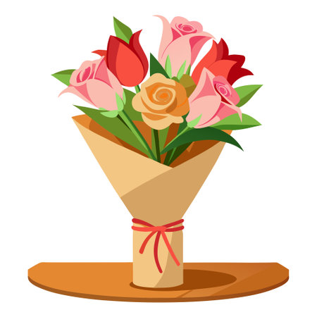 A fresh bouquet of roses and lilies wrapped in kraft paper, placed on a wooden table.のイラスト素材