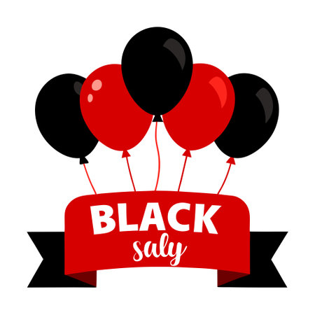 Black Friday sale banner with red and black balloons on white background. Simple illustration with banner design.のイラスト素材