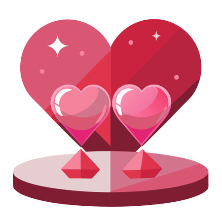 A pair of glass hearts rest on a glass countertop under a sea of red and pink lights.のイラスト素材