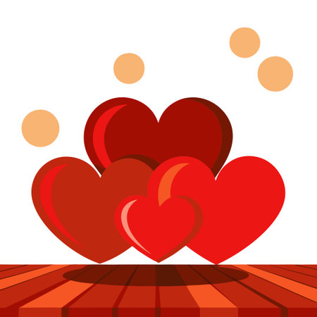 Close up of red hearts on wooden table against defocused lights. Valentine's Day background. Vector illustrationのイラスト素材