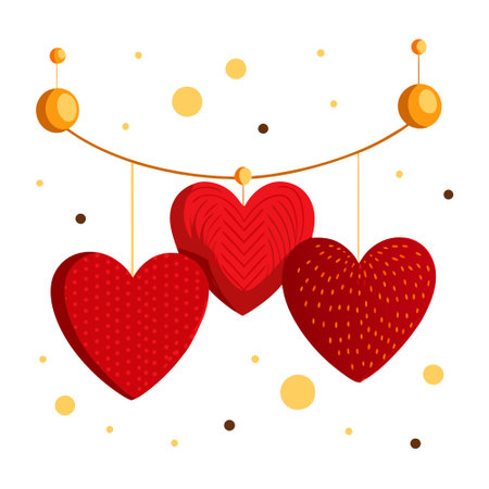 Beautiful red knitted hearts on threads. dark background with golden bokeh. valentine. decoration. . AI generated. Vector iconのイラスト素材
