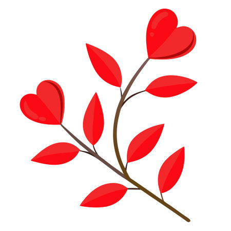 Delicate twig with vibrant red heart shaped leaves against a white background. AI generated. Vector iconのイラスト素材