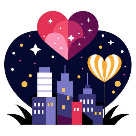 Heart shaped fireworks . Lovers couple background night city . Valentine Day. . AI generated. Vector iconのイラスト素材