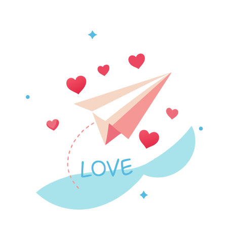 Paper plane flying in the sky with letter love and many hearts floating on light blue background. AI generated. Vector iconのイラスト素材