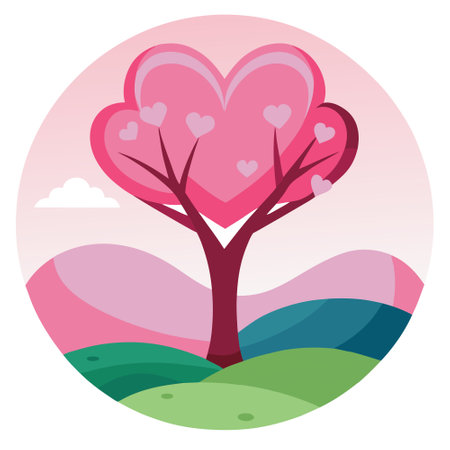 Pink Heart Shaped Love Tree Landscape Background. Perfect for Valentine's Day Banner and Poster Design. AI generated. Vector iconのイラスト素材