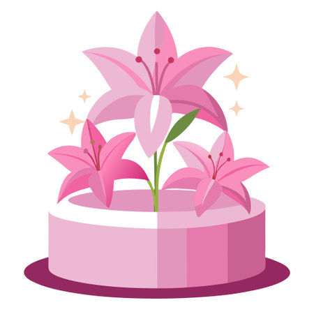 Pink lily flowers and glittery fabric on podium for cosmetic and perfume display. Ideal for special occasions.. AI generated. Vector iconのイラスト素材
