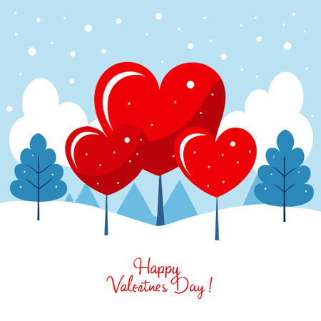 Red hearts on the snow in the winter forest. Happy Valentine's Day greeting card. AI generated. Vector iconのイラスト素材