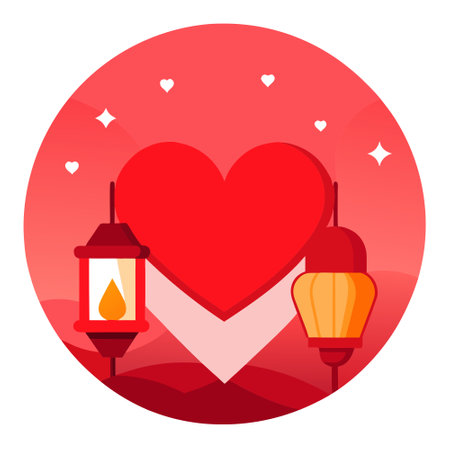 Romantic red sky with glowing heart lanterns and a single large heart shaped lantern. perfect for Valentine's Day. . AI generated. Vector iconのイラスト素材