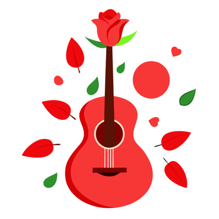Red rose and petals on the acoustic guitar for romantic view. image. AI generated. Vector iconのイラスト素材