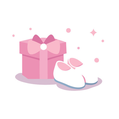Pink baby shoes and gift box on pastel background. minimalistic style with copy space. AI generated. Vector iconのイラスト素材