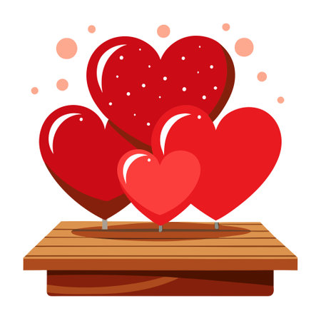 Sparkling red hearts on rustic wooden table. romantic setting. Valentine's Day inspiration. AI generated. Vector iconのイラスト素材