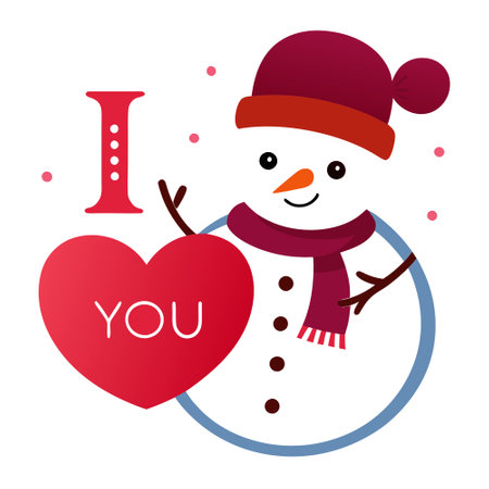 Snowman holding a heart. Valentines day snowman. Winter valentines day background. I love you card. AI generated. Vector iconのイラスト素材