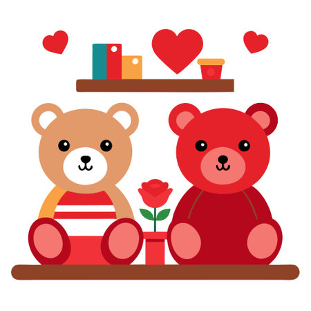 Two cute teddy bears sit on a shelf with red roses and vintage items in a romantic Valentine's Day scene.. AI generated. Vector iconのイラスト素材