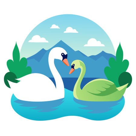 Two swans swim together in a lake. Real turtle doves. created by ai. AI generated. Vector iconのイラスト素材