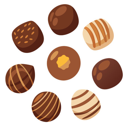 Top view of various chocolate pralines isolated on white background. AI generated. Vector iconのイラスト素材