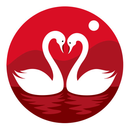 White swans couple on the lake with red gradient background for valentine's day. AI generated. Vector iconのイラスト素材