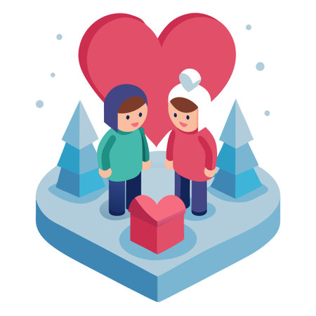 Valentine figurine love couple with winter in the snow 3D illustration. AI generated. Vector iconのイラスト素材
