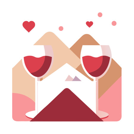 Valentine greeting card. envelope and two glasses of wine on the background of mountains. love and romantic. AI generated. Vector iconのイラスト素材