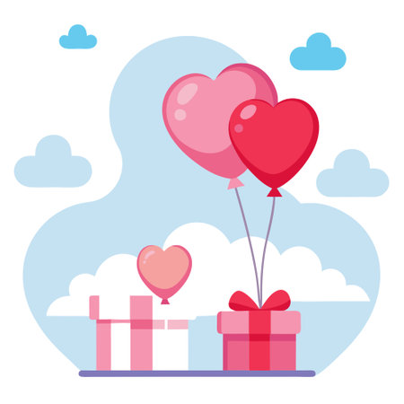 Valentine gifts and heart shaped balloons on a background of clouds and clear sky with . AI generated. Vector iconのイラスト素材