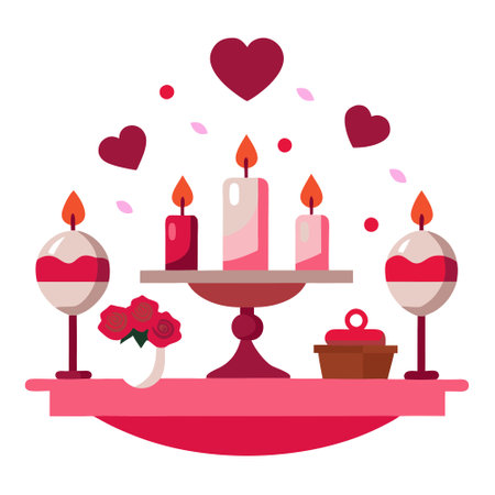 Vector design of a Valentine Day celebration table. with glowing candles. rose petals. and a heart-shaped bouquet of roses. AI generated. Vector iconのイラスト素材