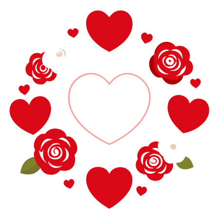 White background with red hearts and white roses with space for text in the middle. valentine background. AI generated. Vector iconのイラスト素材