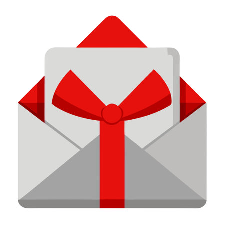 White or grey background with a blank white gift card and a red ribbon bow. inside an open red envelope. AI generated. Vector iconのイラスト素材