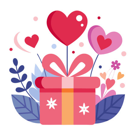 Valentines day gift love illustration with hearts and flowers. Wedding love card. . AI generated. Vector iconのイラスト素材