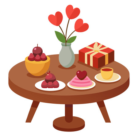 Wooden Table Set with Chocolates and Flowers for a Romantic Celebration. Valentine's Day Celebration. Created with technology. AI generated. Vector iconのイラスト素材