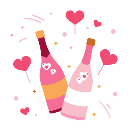 Valentine's Day background with champagne bottles. hearts. confetti on pink surface. AI generated. Vector iconのイラスト素材