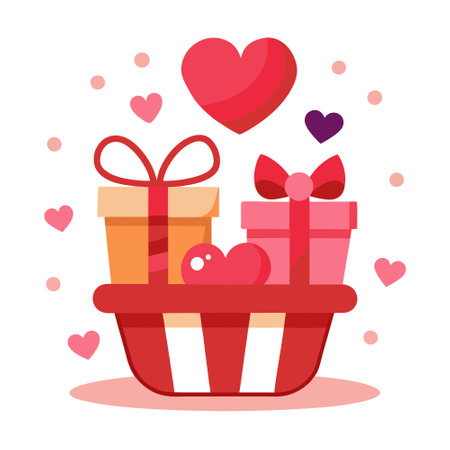 Valentines day greeting card with gift boxes in basket of hearts. . AI generated. Vector iconのイラスト素材