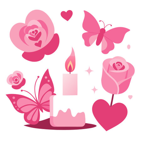 Valentine's day background in pink tones with butterflies. rose flowers and burning candles. horizontal luxury glamour romantic backdrop. AI generated. Vector iconのイラスト素材